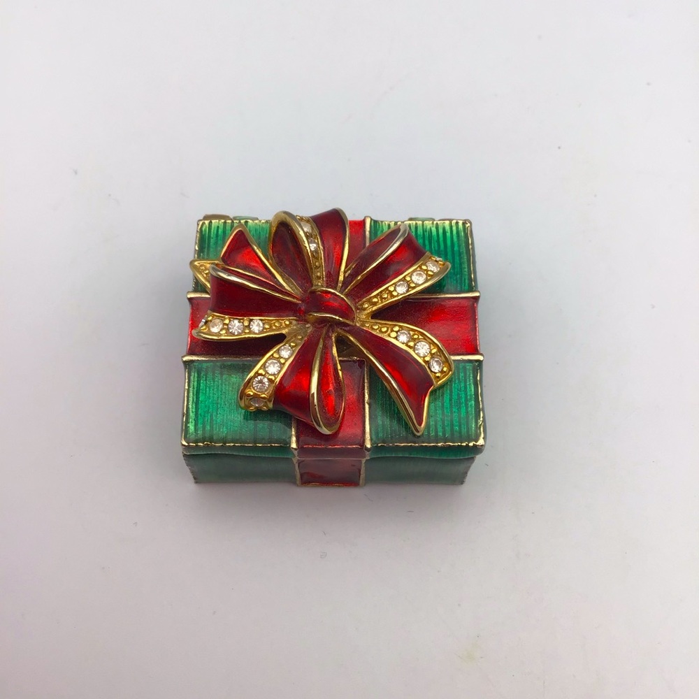 Monet Green, Red, & Gold Package Collectible Enamel Trinket Box